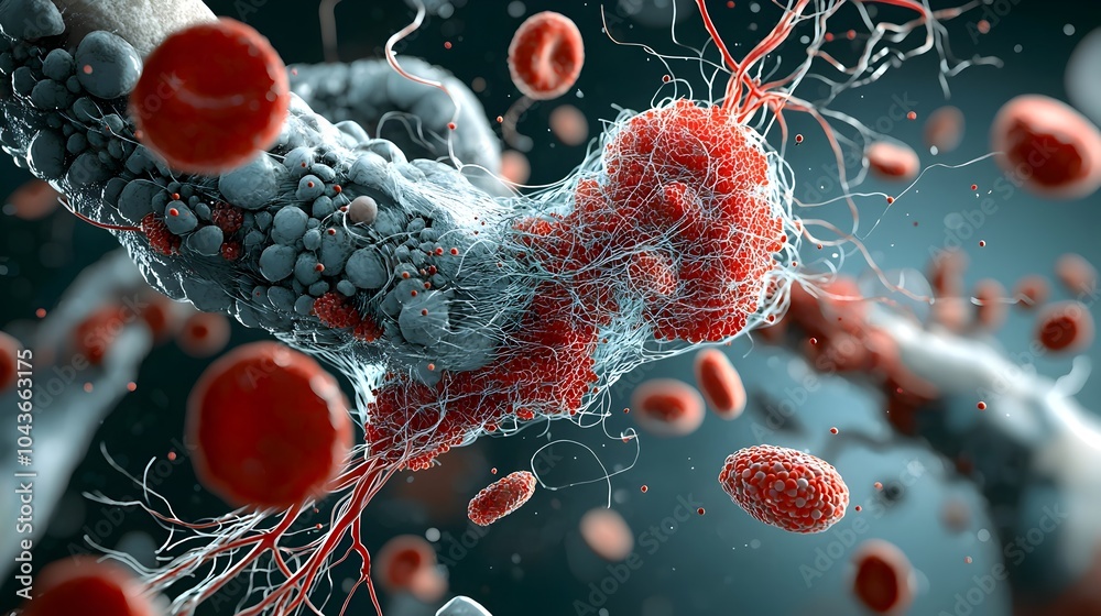 Poster Detailed macro shot showcasing the intricate structure of a clot formation with a focus on the fibrin threads that are crucial in the coagulation process