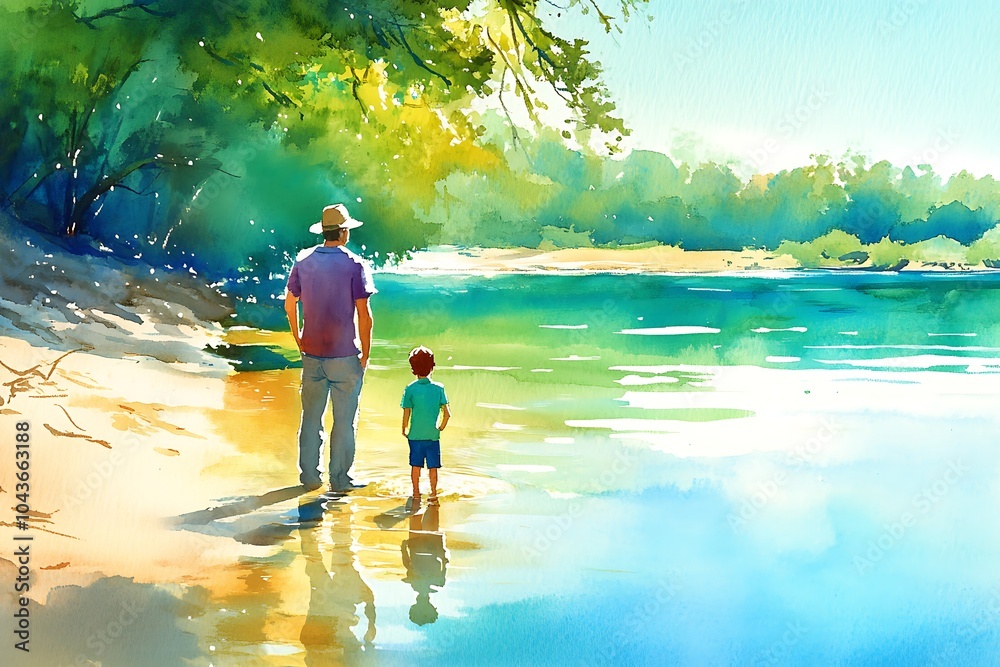 Wall mural Watercolor Painting of Father and Son Standing by a River.