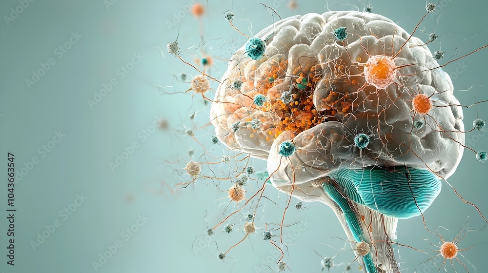 Poster Detailed transparent layered cross section of the human brain revealing intricate structures such as neurons synapses and neural pathways associated with various emotional and cognitive functions