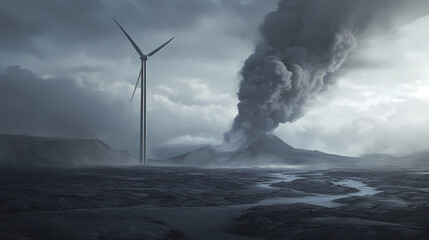 Obraz premium Wind turbine on a volcanic ash and smoke, a contrast between natural forces and green energy. Volcanic Ash Plains. Illustration
