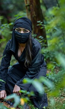 Female ninja crouching in forest, stealthy kunoichi in black ninja outfit