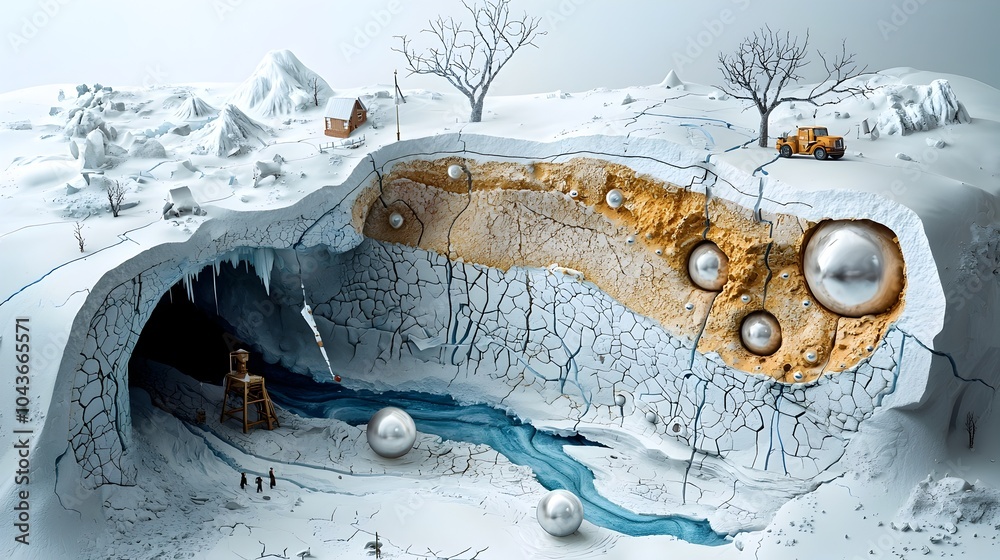 Poster Intricate Cross Section of a Glacier Revealing its Layered Structure and Meltwater Channels  Detailed view showcasing the ice layers air bubbles and complex network of channels within the frozen mass