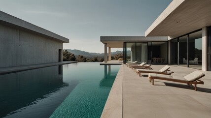 Fototapeta premium A modern, minimalist villa with an infinity pool overlooking a mountain range.