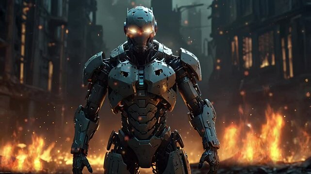 A robot on the battlefield. Seamless 4K looping timelapse video animation background