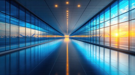 Obraz premium Modern airport corridor with large windows and sunset view.
