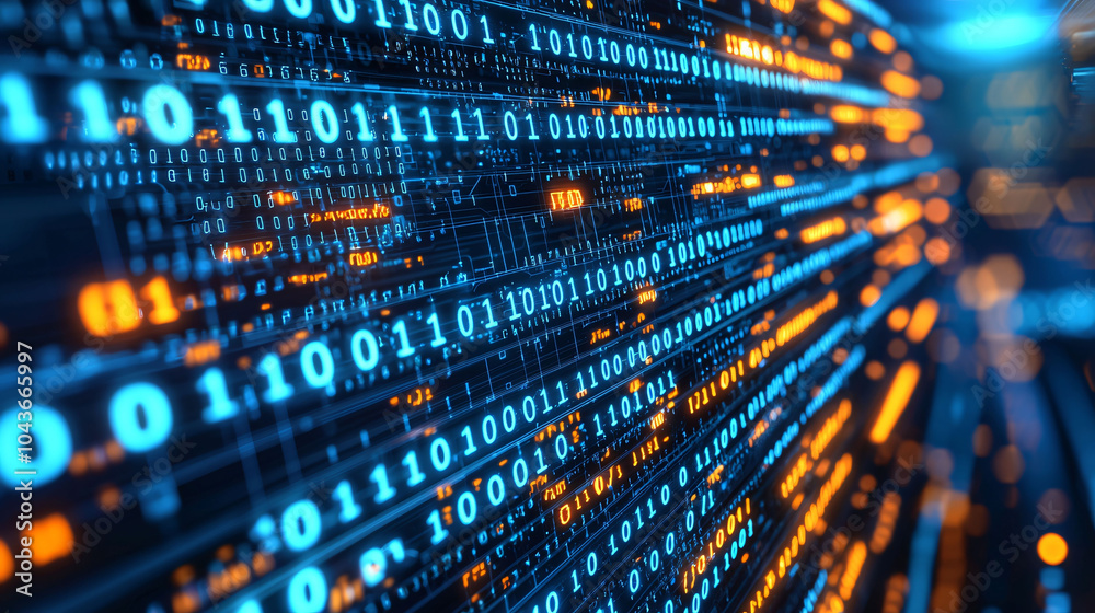 Poster binary code cascading across digital interface creates vibrant visual experience