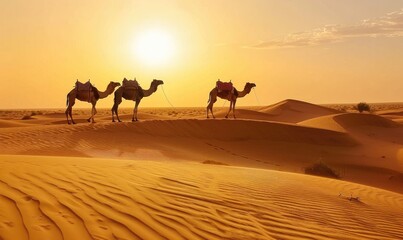 A picturesque scene of a camel caravan making its way across the sweeping desert dunes during a stunning sunset, evoking a sense of adventure and timeless exploration
