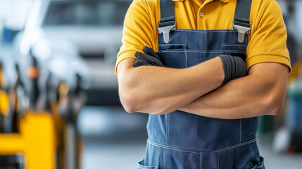 A worker in blue overall stands confidently with arms crossed, showcasing professional demeanor in workshop environment. background hints at tools and machinery, emphasizing hands on, industrious atmo