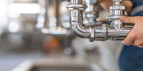 Plumber working with shiny chrome pipes in modern kitchen setting, showcasing intricate details of plumbing fixtures and tools