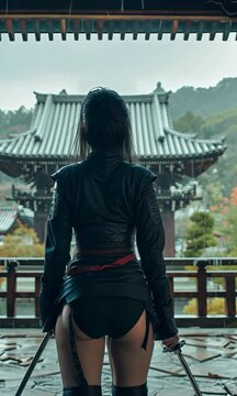 Kunoichi in black ninja outfit sneaking into temple, holding two swords