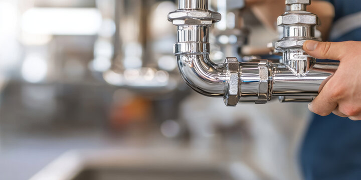 Plumber working with shiny chrome pipes in modern kitchen setting, showcasing intricate details of plumbing fixtures and tools