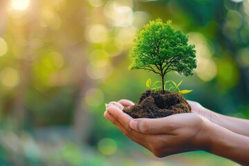 A person is holding a small tree that is growing out of a large pile of coins