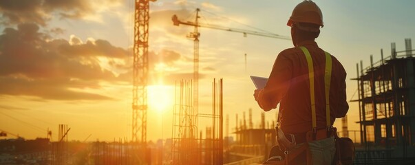 A construction worker, clad in safety gear, overlooks a bustling construction site at sunset, emphasizing the hard work and dedication in building and creating