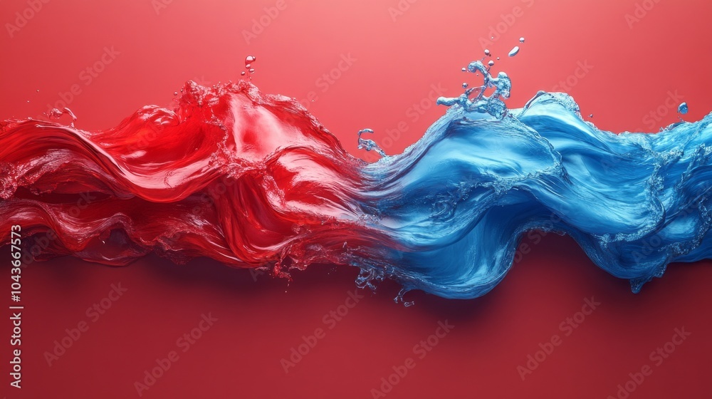 Poster a red and blue wave with water splashing out of it
