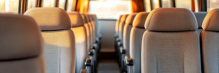 Obraz premium Cozy interior of van with rows of comfortable seats, illuminated by warm sunlight. inviting atmosphere suggests perfect setting for travel or adventure