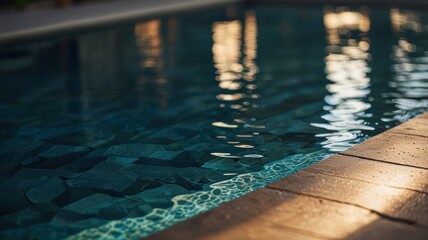 Obraz premium A close-up view of a swimming pool edge with a wooden deck. The water is clear and the sun is shining.