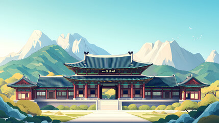 Fototapeta premium Traditional korean mountain fortress. Sky Fortress. Illustration
