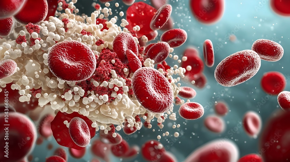 Aufkleber Mesmerizing microscopic image showcasing the intricate structures and vibrant colors of red and white blood cells floating within a plasma rich environment