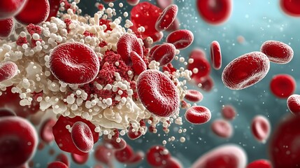 Fototapeta premium Mesmerizing microscopic image showcasing the intricate structures and vibrant colors of red and white blood cells floating within a plasma rich environment