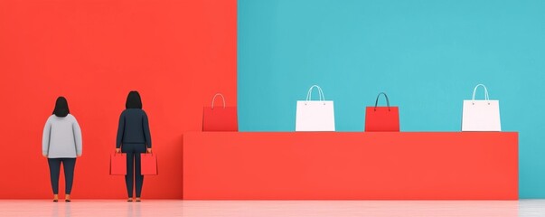 Large sale banners in a retail store, shoppers hunting for bargains and discounts shopping spree, discounts, bargain