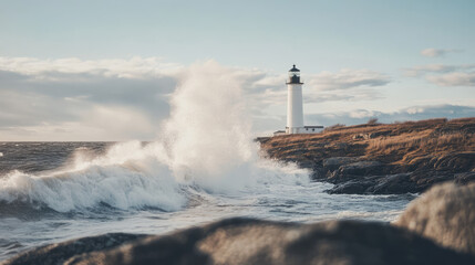 Fototapeta premium Waves crashing against rocky shore with lighthouse in the background, dramatic seascape, stormy ocean, coastal landscape 