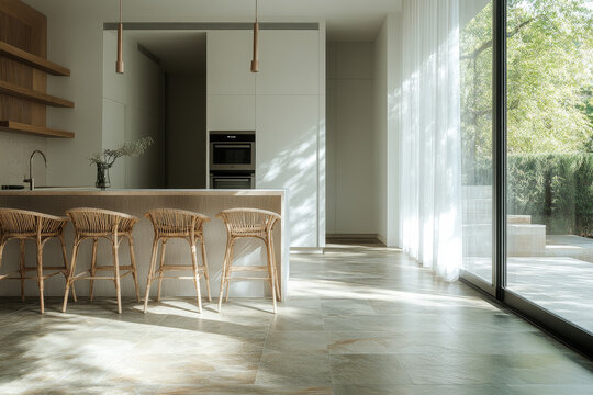A modern kitchen featuring minimalist design with natural light streaming through large windows. space includes stylish island with rattan bar stools, creating warm and inviting atmosphere