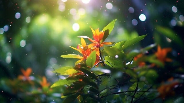 Sunlit Green Leaves with Defocused Background   tropical coral reef  

   