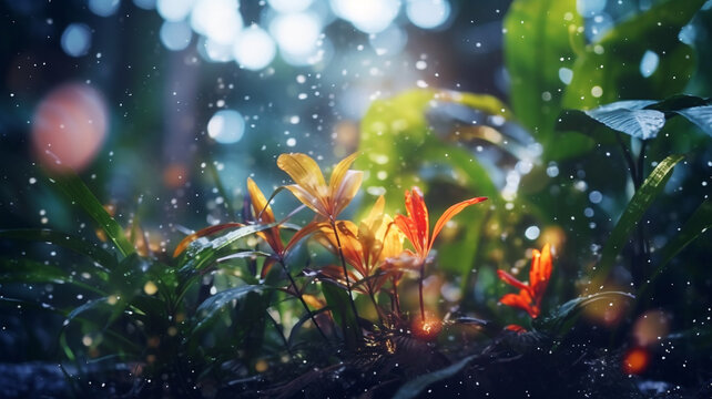 Sunlit Green Leaves with Defocused Background   tropical coral reef  

   