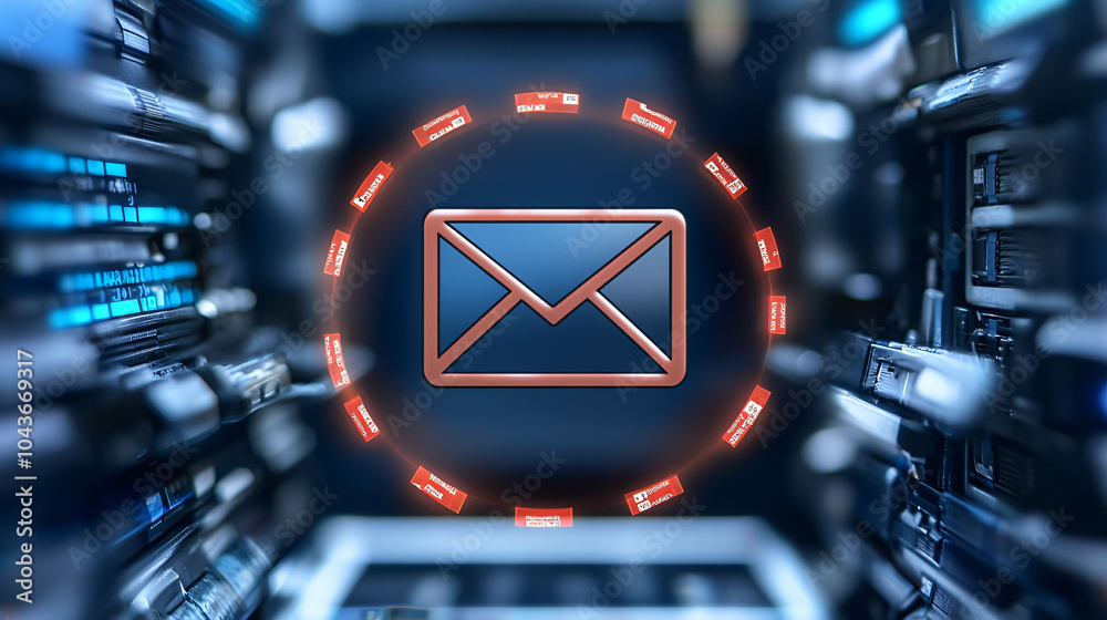 Poster digital inbox with email icon signaling spam alerts and notifications
