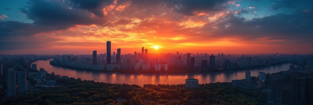 Aerial view of a vibrant city skyline bathed in warm summer sunset hues, showcasing urban architecture and tranquil atmosphere.
