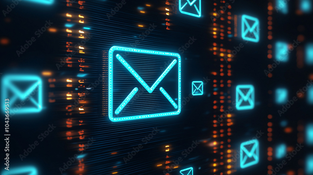 Poster digital inbox with glowing email icons representing communication and spam alerts