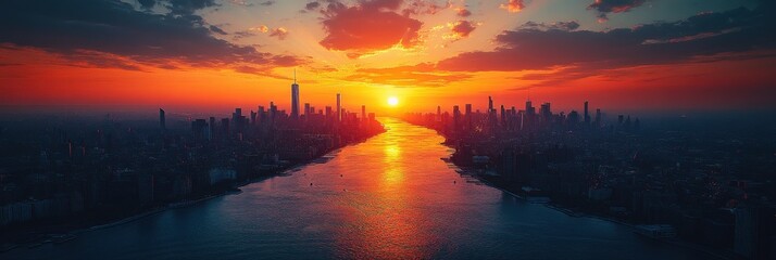 Obraz premium Urban skyline at sunset, vibrant hues of orange and pink illuminate the buildings, creating a breathtaking summer evening panorama.