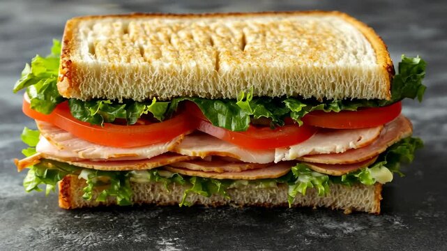 A toasted sandwich with lettuce, tomato, and turkey on a grey surface