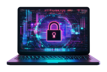 Laptop With Padlock Depicting Data Protection Cyber Security Front View Isolated on Transparent Background PNG
