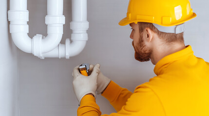 A plumber in a yellow hard hat and gloves inspects and repairs white plumbing pipes on a wall.