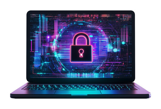 Laptop With Padlock Depicting Data Protection Cyber Security Front View Isolated on Transparent Background PNG
