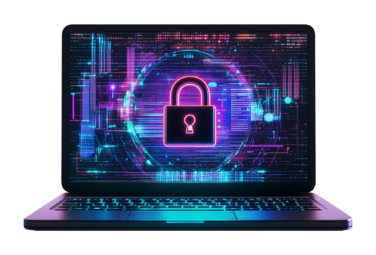 Laptop With Padlock Depicting Data Protection Cyber Security Front View Isolated on Transparent Background PNG

