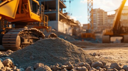 Fototapeta premium Construction site with machinery and a pile of sand in the foreground.
