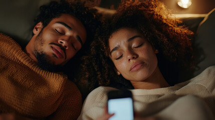 Cozy couple relaxing together, enjoying peaceful moment while lying on bed. warm atmosphere enhances their connection, creating serene and intimate setting