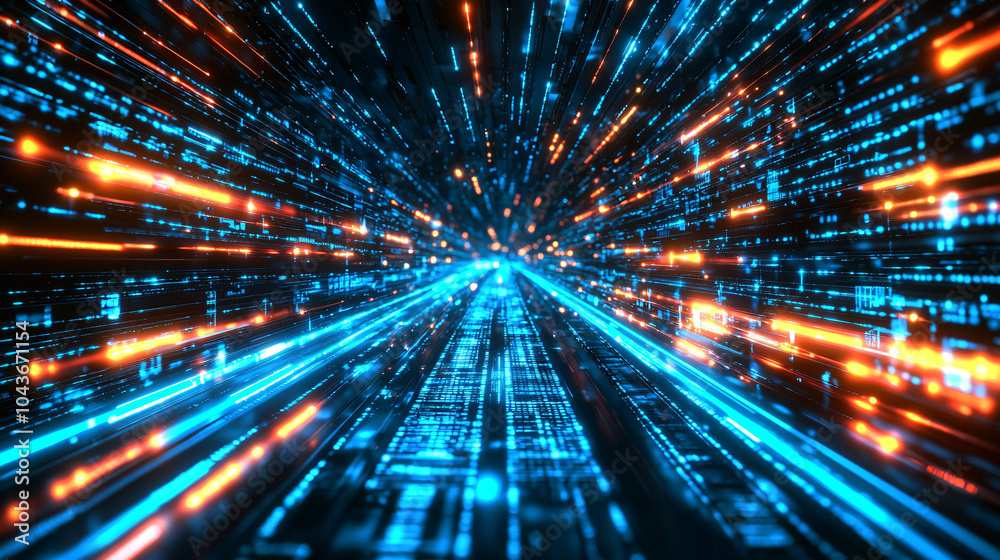 Poster futuristic visualization of digital data packets in motion, creating dynamic effect