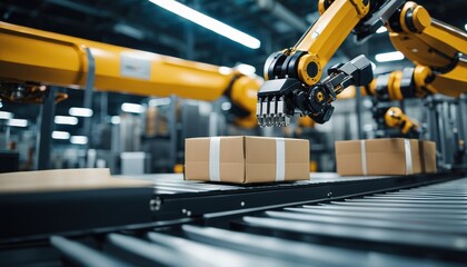 Fototapeta premium Industrial robot arm grabbing the cardboard box