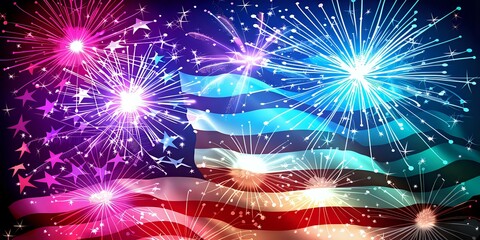A vibrant display of fireworks over a waving American flag, celebrating patriotism.