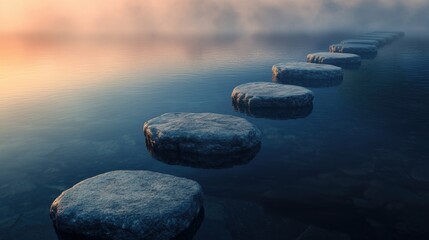 Digital pathway of business goals illustrated as stepping stones in a vibrant, abstract landscape, guiding progress and achievement.