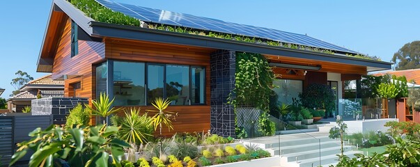Fototapeta premium A modern eco-friendly house with solar panels a green roof and a sustainable garden Situated in a quiet suburban neighborhood