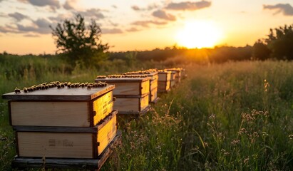 Honey bee hives in the field at sunset. Wooden beehive boxes with bees on top. Banner format.