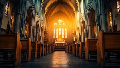 Fototapeta premium A beautiful church interior with wooden pews and stained glass windows, bathed in warm sunlight streaming through the tall arched ceilings.
