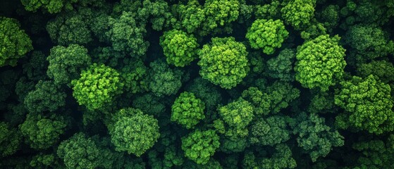 Naklejka premium Aerial view of a lush forest canopy showcasing vibrant greenery and intricate patterns formed by treetops, serene and captivating perspective