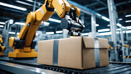 Fototapeta premium Industrial robot arm grabbing the cardboard box