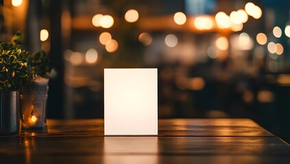 A white blank card stands on a wooden table in a bar or coffee shop, serving as a mockup for a menu design and branding concept. 