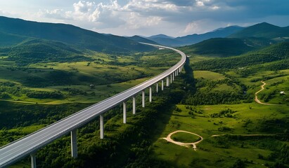 Obraz premium Aerial view of a highway bridge in green hills and mountains, a countryside landscape with a long road.